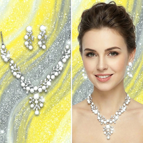 Silver plated crystal pearl necklace earrings set - Picture 1 of 13